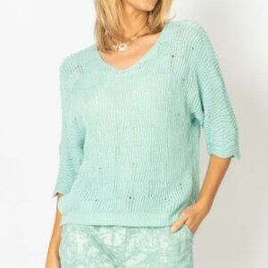 NWT Look Mood Chic Breeze Aqua V Neck Open Weave Sweater